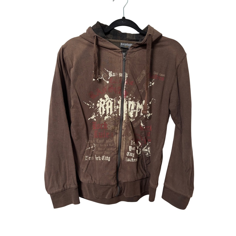 Y2K Ransom Brown Graphic Full Zip Hoodie Plaid Lined Rocker Streetwear Large